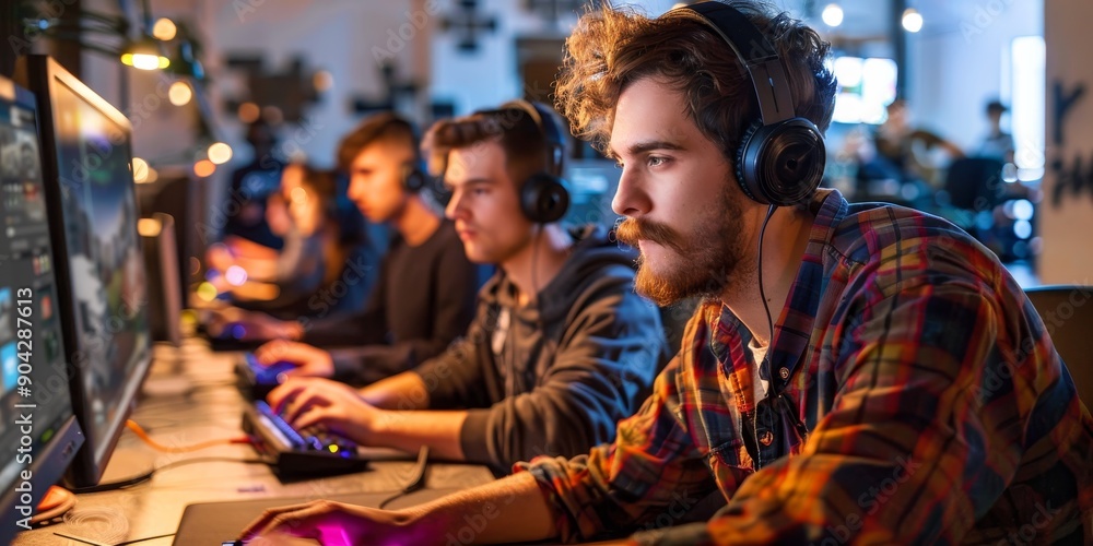 Poster Developers testing new gaming consoles in a game development studio, showcasing entertainment technology development
