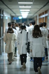 Obraz premium A group of people wearing white coats are walking down a hallway. Scene is serious and professional, as the people are likely doctors or nurses in a hospital setting