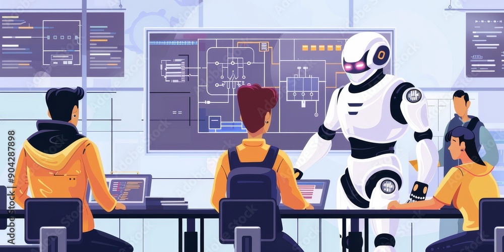 Aufkleber A group of AI specialists training a robot to perform tasks, with sensors and circuit boards visible, demonstrating artificial intelligence technology development