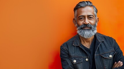 Fototapeta premium an image of a sophisticated Indian man with a gray beard, with a confident expression, against an orange background that signifies warmth and energy