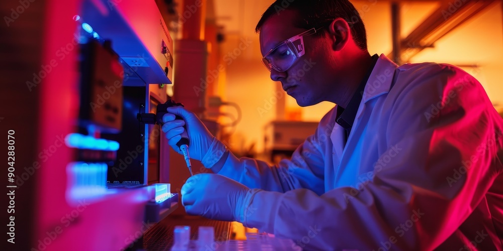 Fototapete A scientist adjusting settings on a gene editing machine in a biotech lab, emphasizing genetic technology development