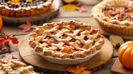 Homemade Lattice-Crusted Pie with Autumn Leaves and Pumpkins