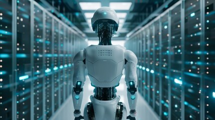 Rear back view of AI artificial intelligence robot standing in data center with racks. Futuristic technology internet information