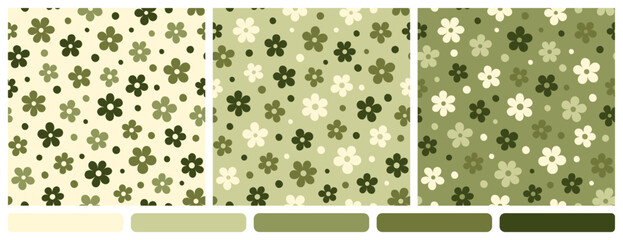 Vector seamless patterns with stylized olive flowers and dots. Minimalist style. Green shades of elements on light and dark olive backgrounds. The simple design for modern nature-inspired concepts