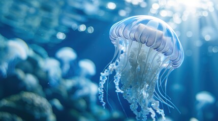 Obraz premium Blue Jellyfish with White Stripes in Ocean.