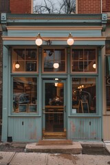 A colorful ice cream shop with a pink and blue theme. The shop has a window display with a variety of ice cream flavors and toppings