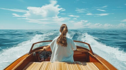 Fototapeta premium Rear back view of young woman driving a fast luxury wooden motorboat or speedboat on ocean water outdoors. Vacation travel adven