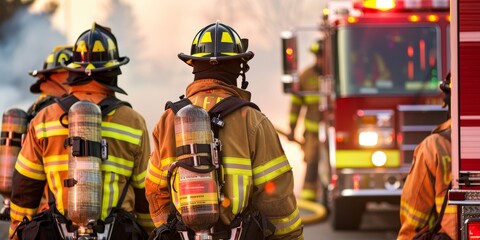 A group of firefighters coordinating a rescue operation, with equipment and fire trucks, showing teamwork in emergency response