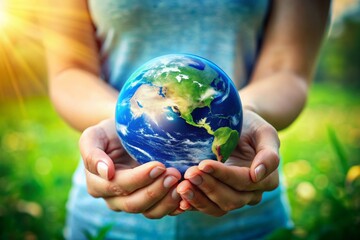 A delicate female hand cradles a vibrant blue earth, symbolizing care and protection for the planet, emphasizing sustainable living and environmental responsibility.