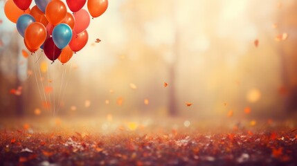 Vibrant autumn party with colorful balloons against fall backdrop, ideal for text placement