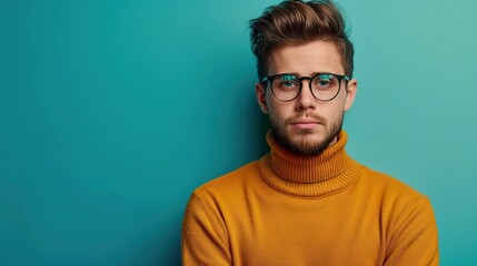 Fototapeta premium Capture a man with glasses and a sweater, posed in front of a photo, against a bright turquoise background, highlighting his vibrant and confident personality.