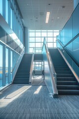 Fototapeta premium A staircase in a building with a glass wall. The staircase is lit up with lights. The staircase is very long and has a lot of steps