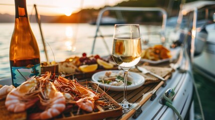 Naklejka premium Luxury Yacht Dinner with Wine and Seafood.