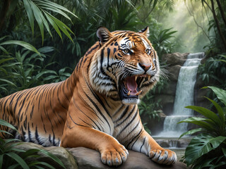 Majestic tiger roaring in front of a beautiful jungle waterfall