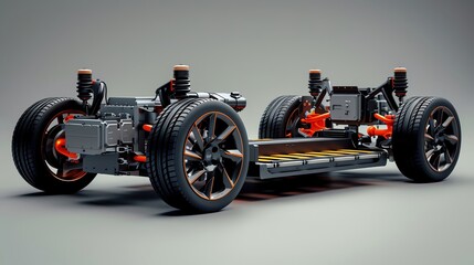 Futuristic electric vehicle chassis showcasing advanced engineering and design elements for modern automotive technology.