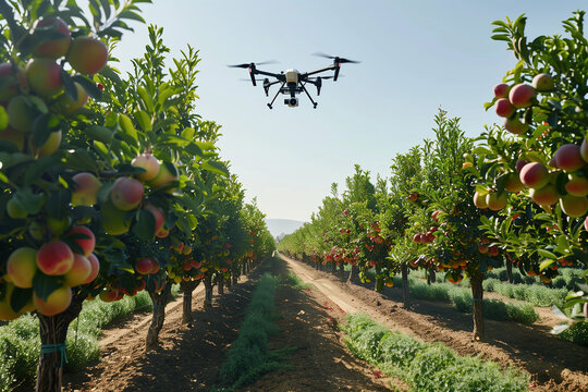 Dron przelatujący nad sadem dogląda upraw 