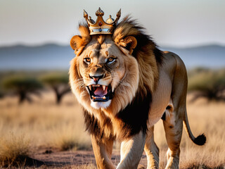 Roaring fierce lion in the African savanna