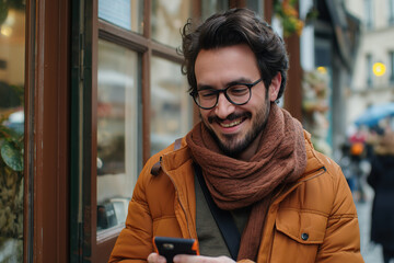 Uśmiechnięty nowocześnie wyglądający mężczyzna przegląda telefon