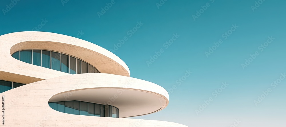 Poster futuristic curved architecture with glass windows creating a sleek and modern design.