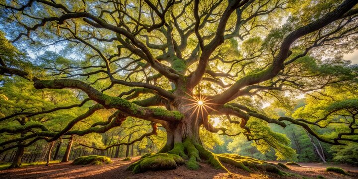 Ancient gnarled oak tree stretches towards the sky, its twisted branches and roots illuminated by warm sunlight filtering through the Swedish forest canopy.