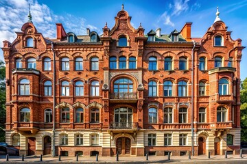 Fototapeta premium Historic red brick residential building with ornate facades, arched windows, and decorative cornices, built in early 20th century, located on Komsomolskaya street in Kaliningrad.