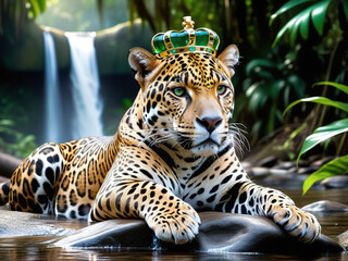 Jaguar with emerald crown posing in front of a small waterfall
