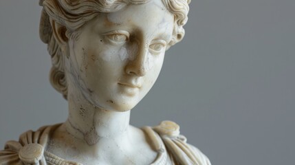 A finely crafted antique marble statue of a Greek goddess captures attention with its intricate details and serene expression in a modern gallery