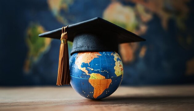 A graduation cap placed on top of a world globe, symbolizing study abroad and the concept of foreign students. Copy space available.