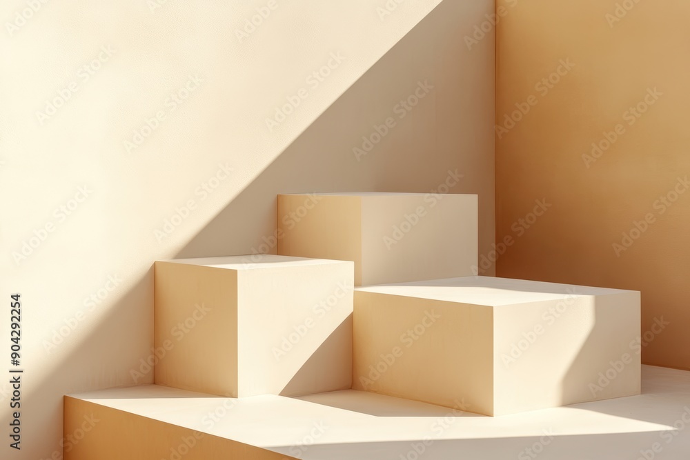 Poster sunlit beige cubes with dramatic shadows creating a striking visual effect.