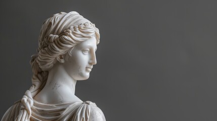 A graceful antique marble statue of a Greek goddess is showcased against a simple, neutral background in an art gallery setting