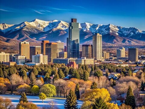 Panoramic view of snow-capped Rocky Mountains overlooking the urban landscape of Denver, Colorado, with distant skyscrapers and trees under a clear blue sky.
