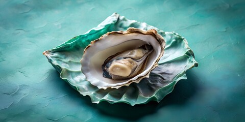 Naklejka premium Loosely wrapped oyster in deep teal and light grey paper Generative AI, packaging, food, comic style, seafood