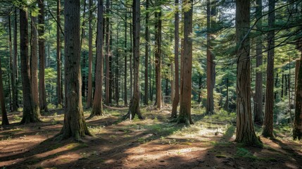 Obraz premium Sunlight Filtering Through Trees in a Dense Forest