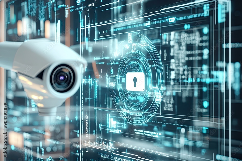 Poster modern cctv with white futuristic data protection interface with transparent padlock and fingerprint