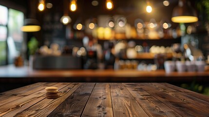 Brown wooden table with blurred coffee shop background for photomontage or product display