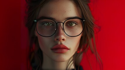 Fototapeta premium Create a realistic portrait of a young woman wearing black-framed glasses, with a rich red background enhancing her poised