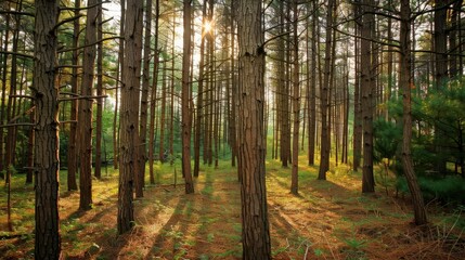 Obraz premium Sunlight Filtering Through a Pine Forest
