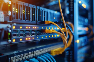 Close-Up of Neatly Organized Server Rack Cables in Data Center Infrastructure for Efficient Data Exchange