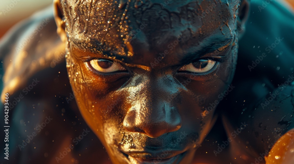 Poster intense expression of sprinter in final push to finish line, sweat and determination
