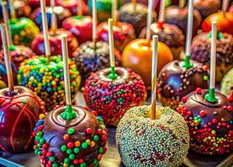 Fototapeta premium Colorful hand-drawn candy apples adorned with chocolate, caramel, and sparkly sprinkles, perfect for festive packaging, cards, fabrics, labels, posters, and holiday decorations.