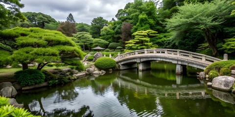 Fototapeta premium japanese garden with stone bridge and pond Generative By AI