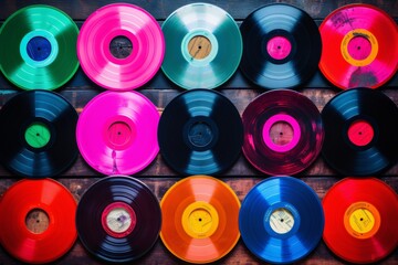 Vintage vinyl records pattern on lacquered table, top view flat lay for a nostalgic touch