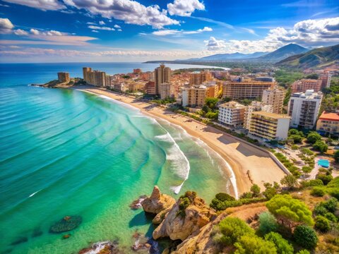 Sandy beach and turquoise waters of Mediterranean Sea meet scenic town buildings and lush green hills in serene summer view from Oropesa del Mar.