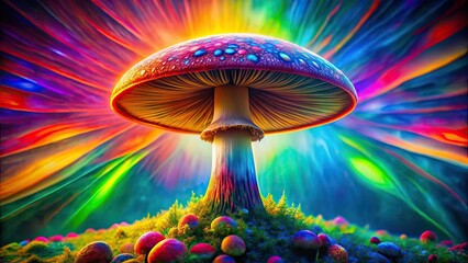 Vibrant and surreal multi-colored mushroom towering in a psychedelic hallucination , hallucination, vibrant, surreal