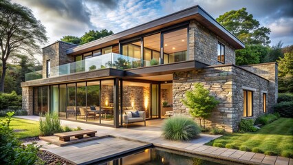 Fototapeta premium Weathered stone façade blends seamlessly with sleek contemporary extension, featuring floor-to-ceiling windows, wooden accents, and lush greenery, in a serene countryside setting.