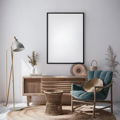 Wall blank frame mockup in room interior design, 3d rending by AI generative
