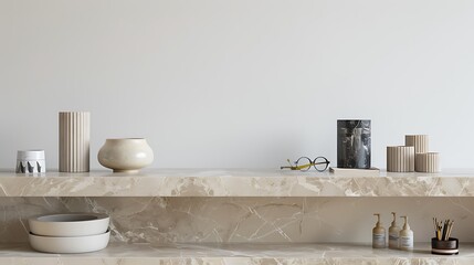 Beige marble table with office accessories, white wall, shelf, 3D render, cinematic style, high resolution, intricate details, sharp focus.