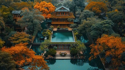 Obraz premium Aerial View of Traditional Chinese House with Pool and Surrounding Gardens.