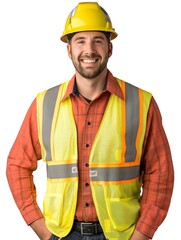 Smiling worker in yellow helmet isolated on white background