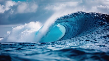 Massive Blue Wave Curl in the Ocean Captured Under Cloudy Sky